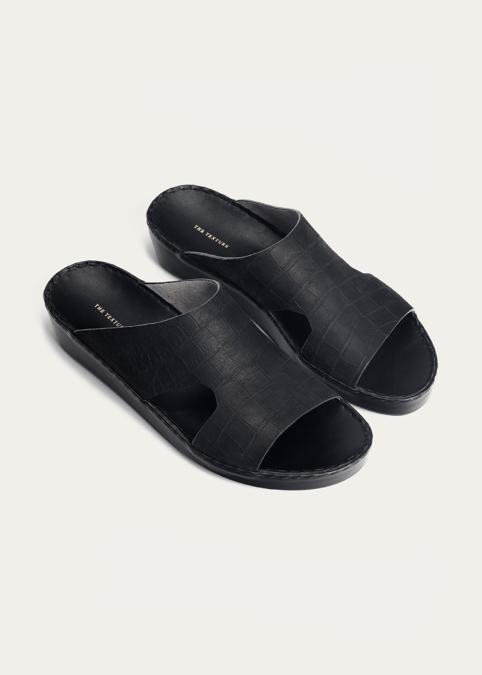 CROC PRINT LEATHER SANDALS-CROC PRINT NUBUK SERIES-MATTE BLACK