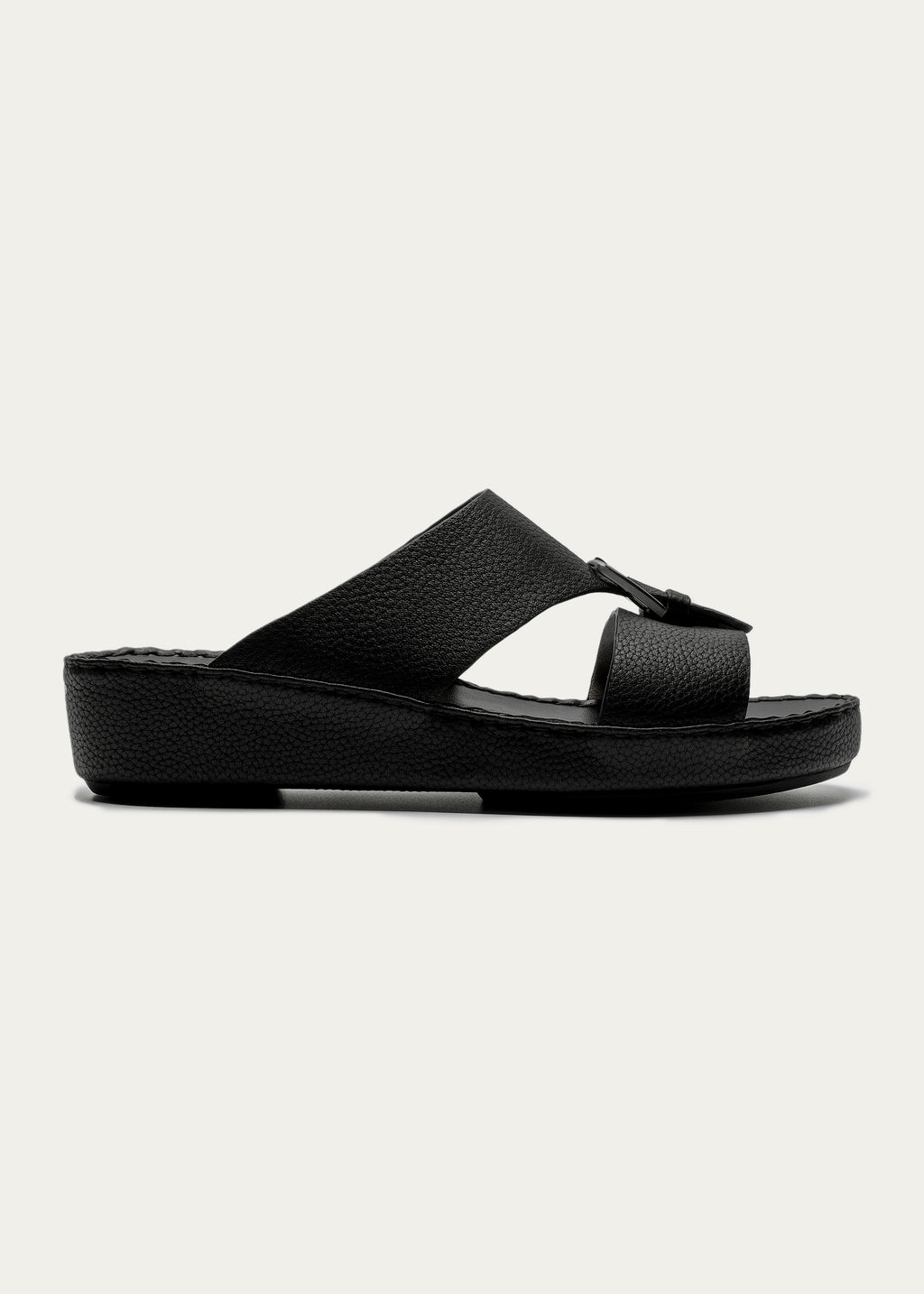 BELT BUCKLE GRAIN LEATHER SANDALS-SUPER SOFT SERIES-DEEP BLACK