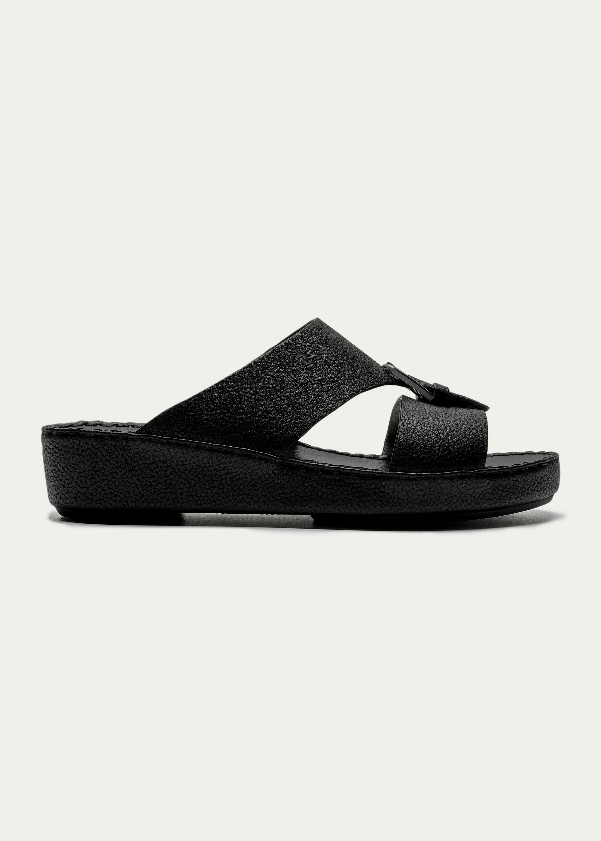 BELT BUCKLE GRAIN LEATHER SANDALS-SUPER SOFT SERIES-DEEP BLACK