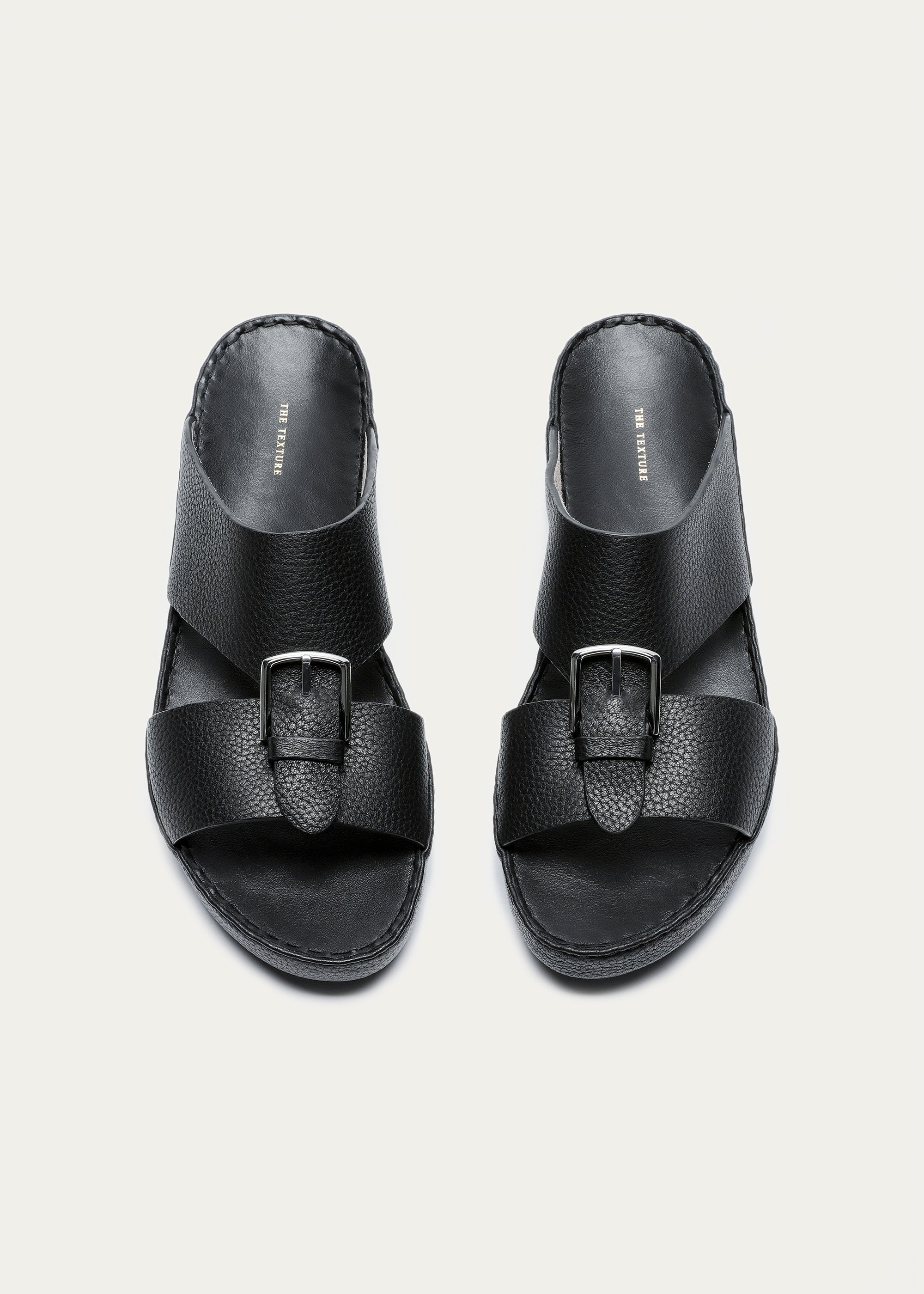 BELT BUCKLE GRAIN LEATHER SANDALS-SUPER SOFT SERIES-DEEP BLACK