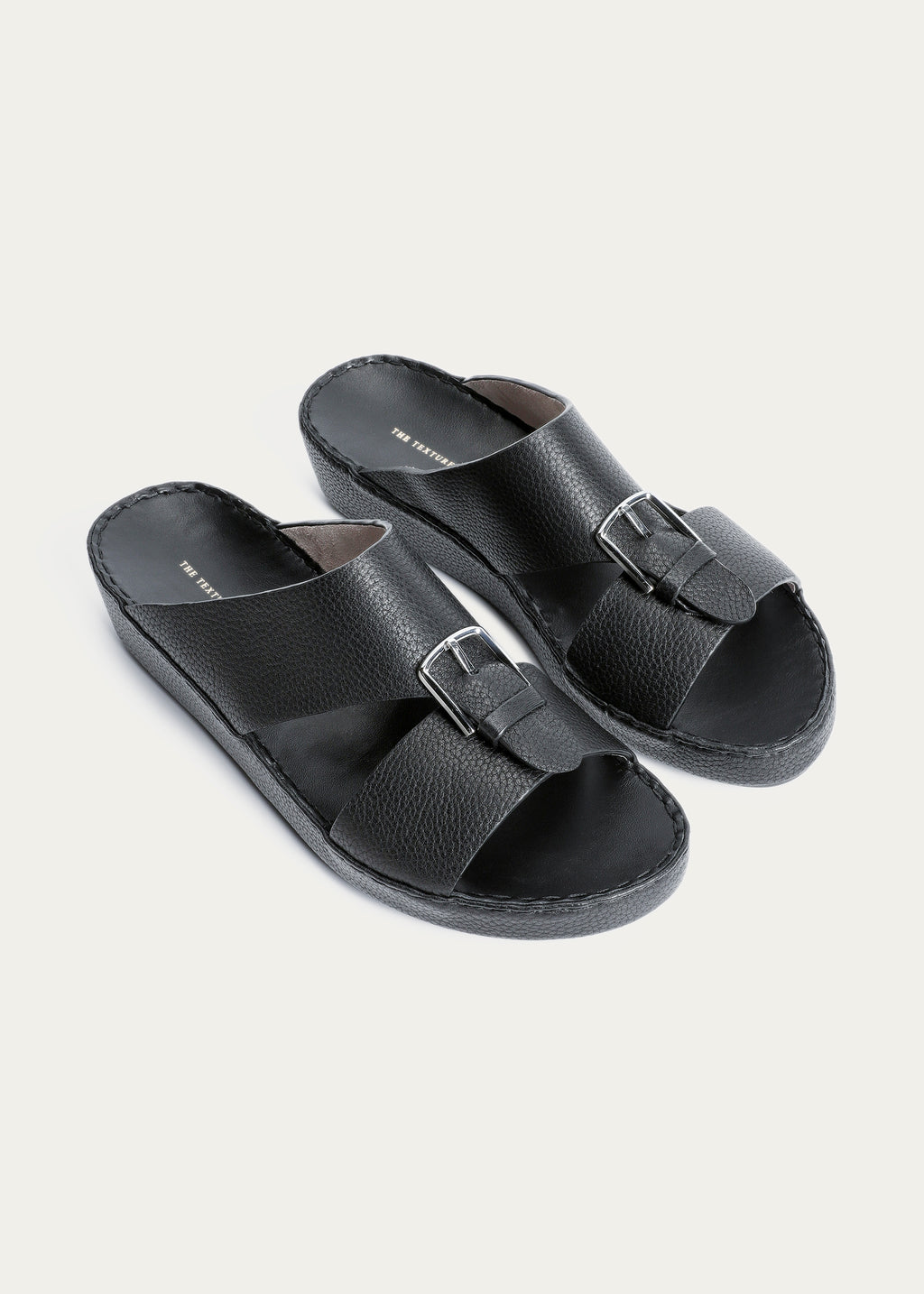 BELT BUCKLE GRAIN LEATHER SANDALS-SUPER SOFT SERIES-DEEP BLACK
